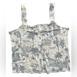 JOIE Blue White Tropical Toile Linen Blend Tank Top Button Front Size XL Coastal